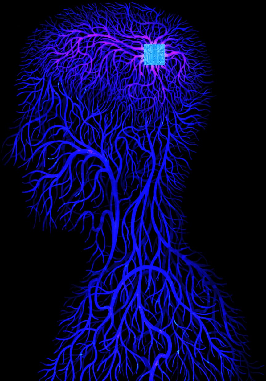 Brain-computer interface visualization showing neural connections and human silhouette in blue tones